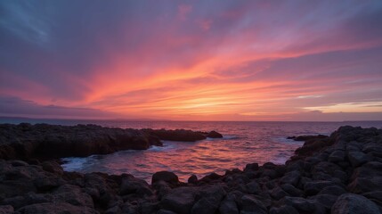 Obraz premium Stunning Sunset Over Rocks and Ocean with Vibrant Color Palette