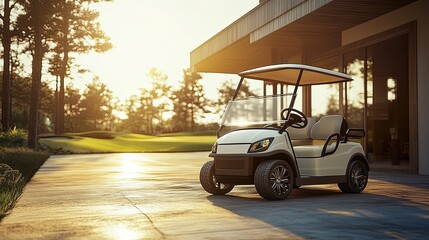 A white golf cart is parked in front of a house