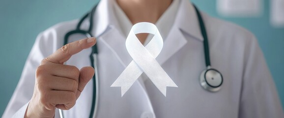 White Ribbon Symbol of Hope: A healthcare professional points to a white ribbon, a poignant symbol of awareness and support for lung cancer research, symbolizing the fight for a cure.