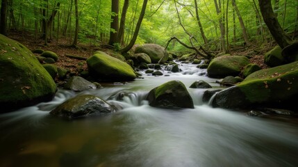Serene Flowing Stream in Lush Green Forest with Mossy Rocks
