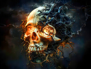 Skull emerges in abstract surrealism creepy with fire and swirling smoke. Mystic Skull Surrounded by Dark Roots and Fiery Glow