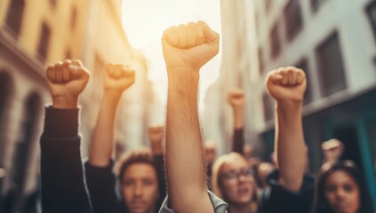 United Voices: A powerful image of raised fists, symbolizing unity, protest, and the collective strength of a diverse group of people standing together for a cause. The sun's rays add a dramatic.