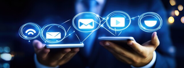 Connecting the World: A businessman's hand displays a smartphone, the screen displaying icons representing a multitude of communication channels.