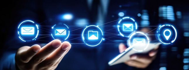 Fototapeta premium Connected World: A hand, holding a sleek smartphone, interacts with a network of glowing digital icons representing email, files, and location data, symbolizing interconnectedness in the modern world.