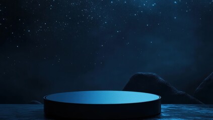 Mystical Blue Podium: A circular podium stands alone on a dark blue backdrop, surrounded by swirling snow particles. The mysterious scene hints at an ethereal realm.