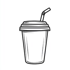 Simple black and white outline of a disposable coffee cup with straw, likely for a beverage design, or a coloring book page