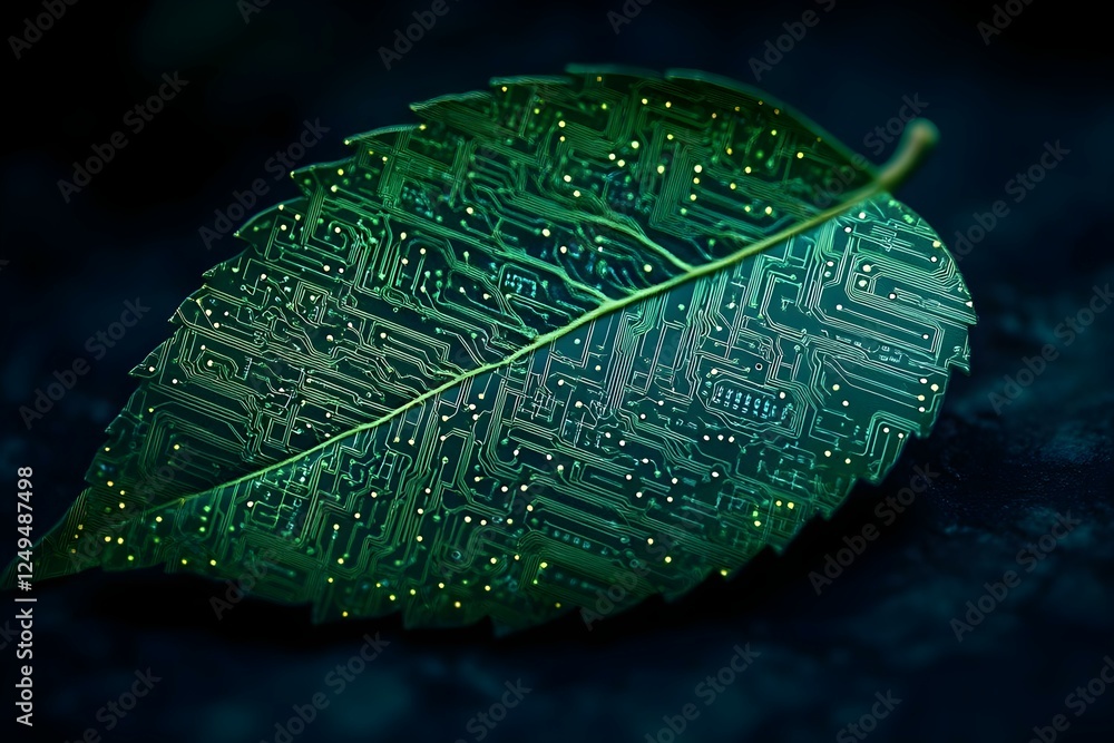 Poster a green leaf with intricate circuit patterns, symbolizing the fusion of nature and technology. conce