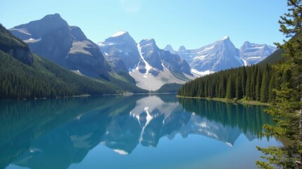 Naklejka premium Serene Mountain Lake with Reflections Under Clear Blue Sky