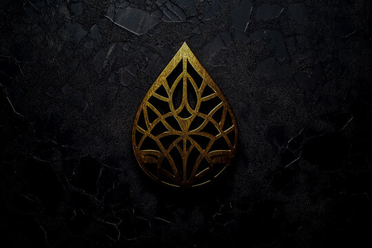 A logo in the shape of a teardrop, made from geometric shapes in brass material.
