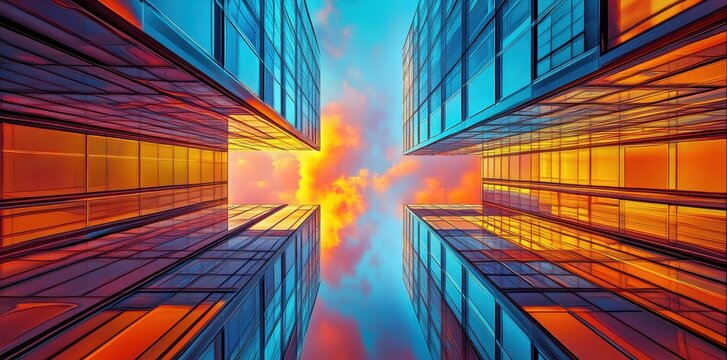 Four skyscrapers frame a vibrant sunset with colored clouds