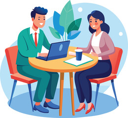 Partners meeting for business discussion with documents and laptop on desk. Couple at round table, speaking, discussing work, partnership. Flat vector on a white background
