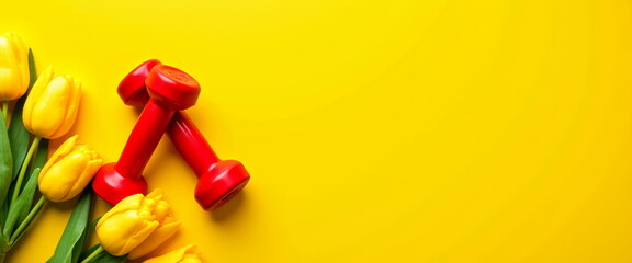 Yellow tulips and red dumbbells for wellness blogs, fitness motivation, spring health campaigns, lifestyle websites, and energetic social media posts