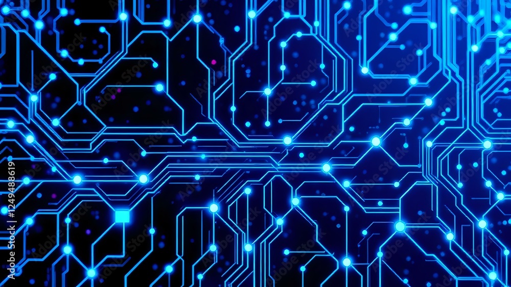 Poster futuristic cityscape with interconnected circuit nodes