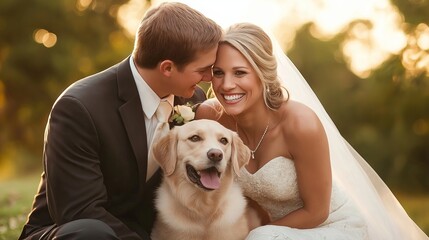A cheerful bride and groom posing outdoors with their happy dog during their wedding day, radiating joy and love.