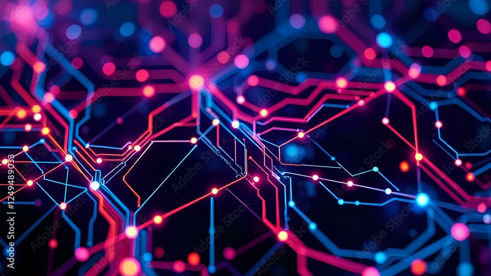 Poster abstract circuit diagram with vibrant blue and red lines representing advanced technology