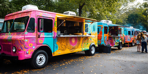 Vibrant food truck scene with colorful vehicles offering food at an outdoor event, Colorful food trucks parked at a lively outdoor event offering a variety of food
