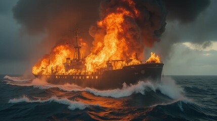 Fototapeta premium Burning Ship on Rough Seas with Flames and Smoke Enveloping Hull