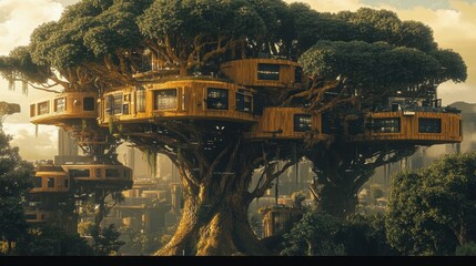 Obraz premium Unique treehouses built within gigantic trees create a sustainable community