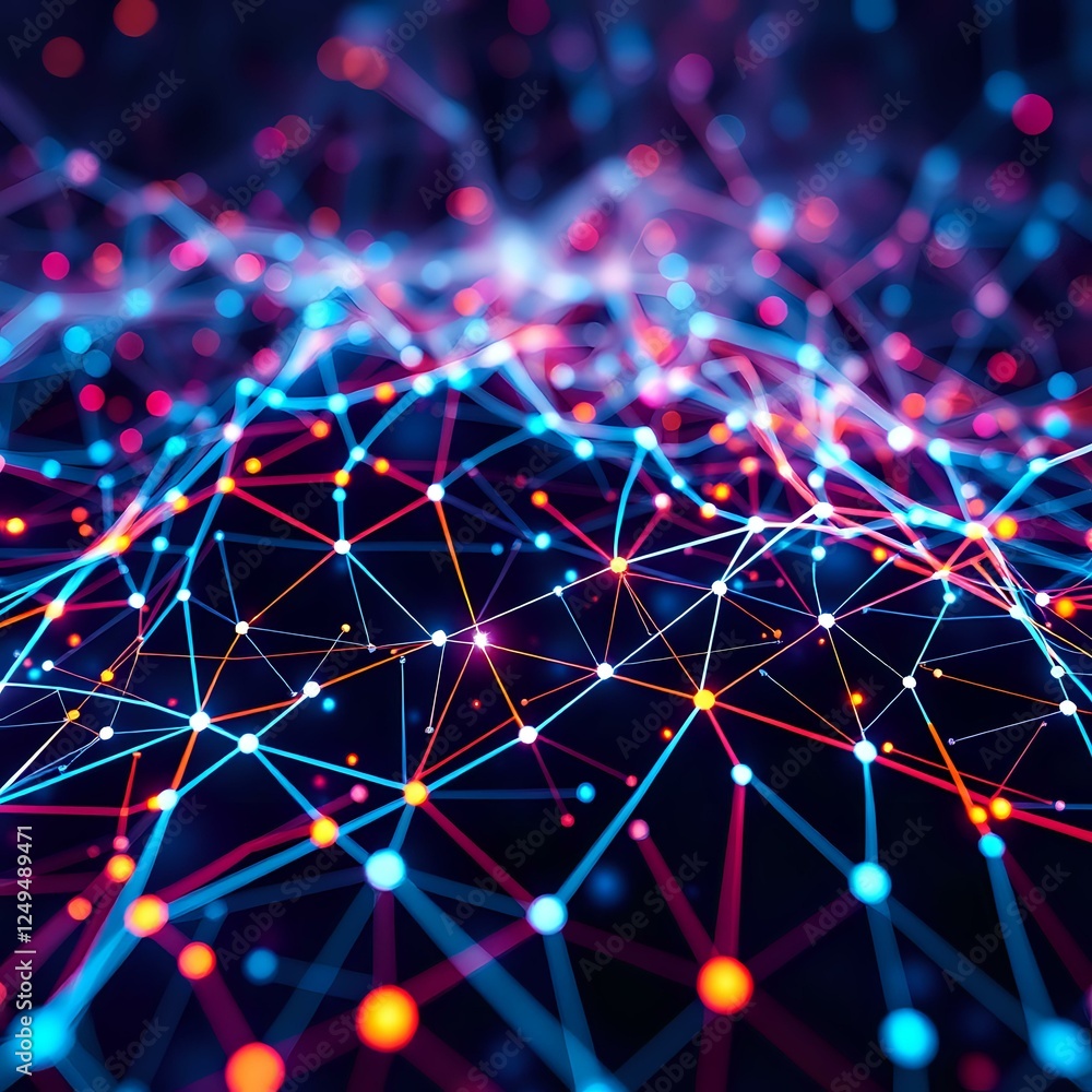 Poster abstract neural network: futuristic node structure with vibrant blue and pink connections