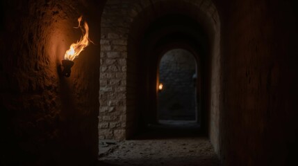 Fototapeta premium Mysterious Stone Tunnel with Flickering Flames and Shadows
