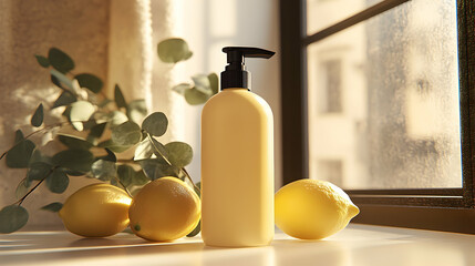 Yellow shampoo bottle with lemons and eucalyptus leaves on a minimalist background