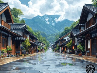 Fototapeta premium Serene village street with traditional architecture and mountains in the background.