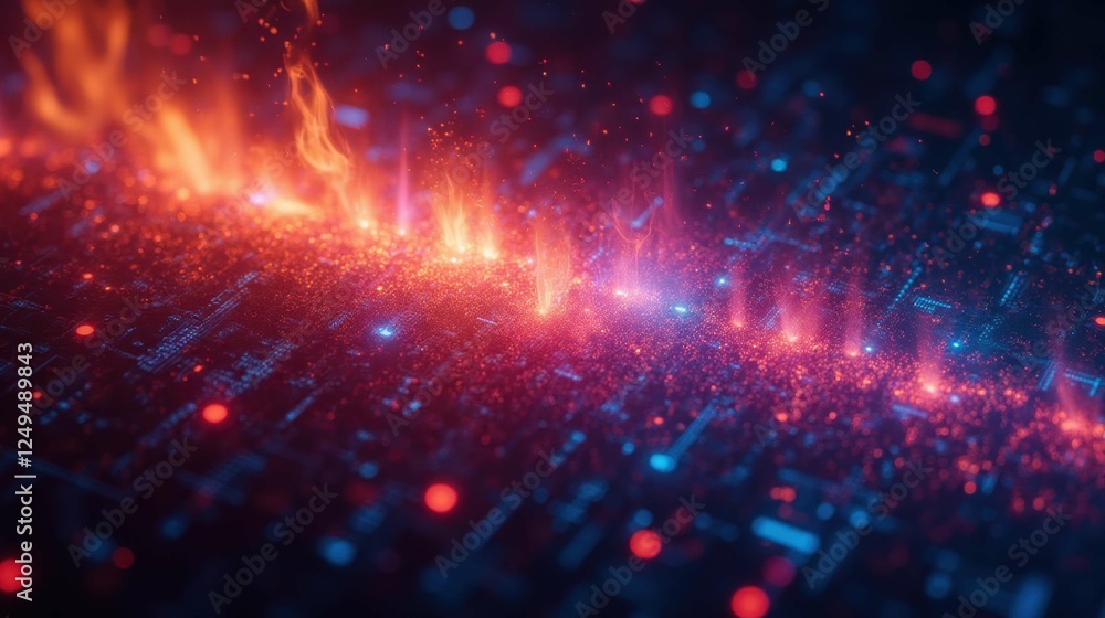 Poster digital flames over circuit board background in abstract design