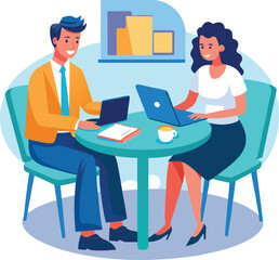 Partners meeting for business discussion with documents and laptop on desk. Couple at round table, speaking, discussing work, partnership. Flat vector on a white background