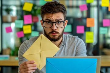 A man wearing glasses is holding an envelope in front of his laptop, looking at the camera and appearing very confused about what to do next.