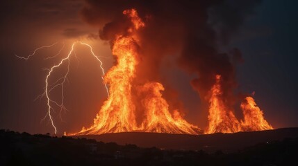 Fototapeta premium Majestic Volcano Eruption with Striking Lightning in the Night Sky