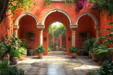 Fototapeta premium Eastern Style Room With Red Walls And Green Plants