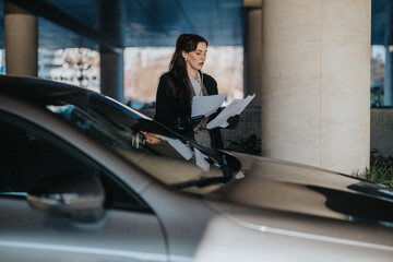 A businesswoman reviews documents outside in an urban environment. She holds papers near a parked...