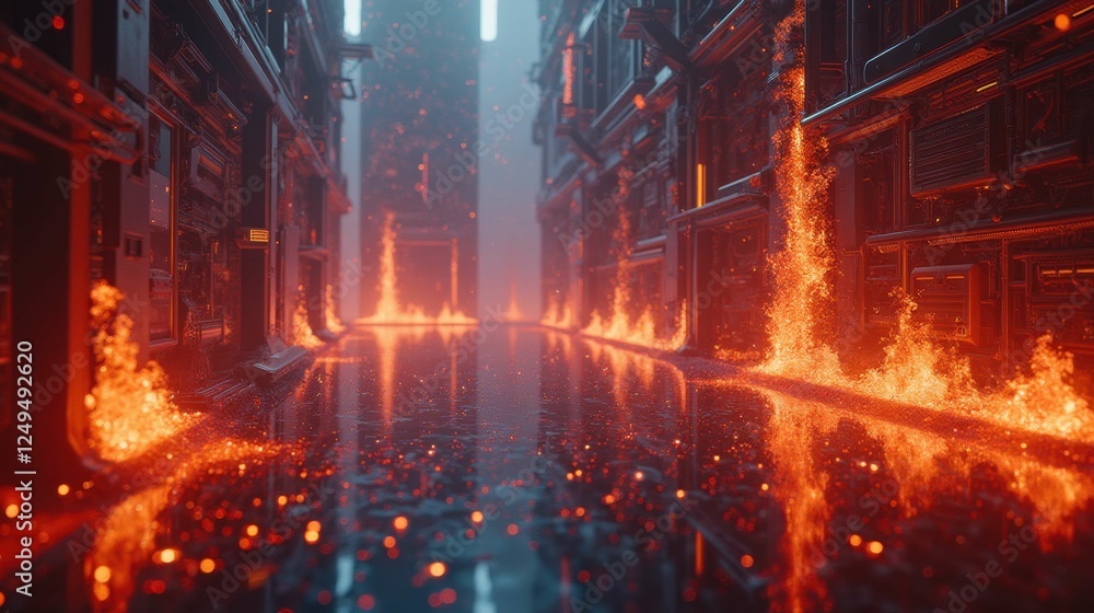 Poster fiery path through a futuristic digital environment with glowing lava