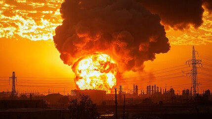 Fototapeta premium A massive plume of smoke and orange flames billows from an oil storage facility following a missile strike. The sunset casts an enchanting glow, highlighting the chaos in the backdrop