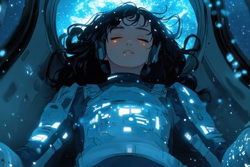 Anime girl in a spacesuit rests against a spacecraft window