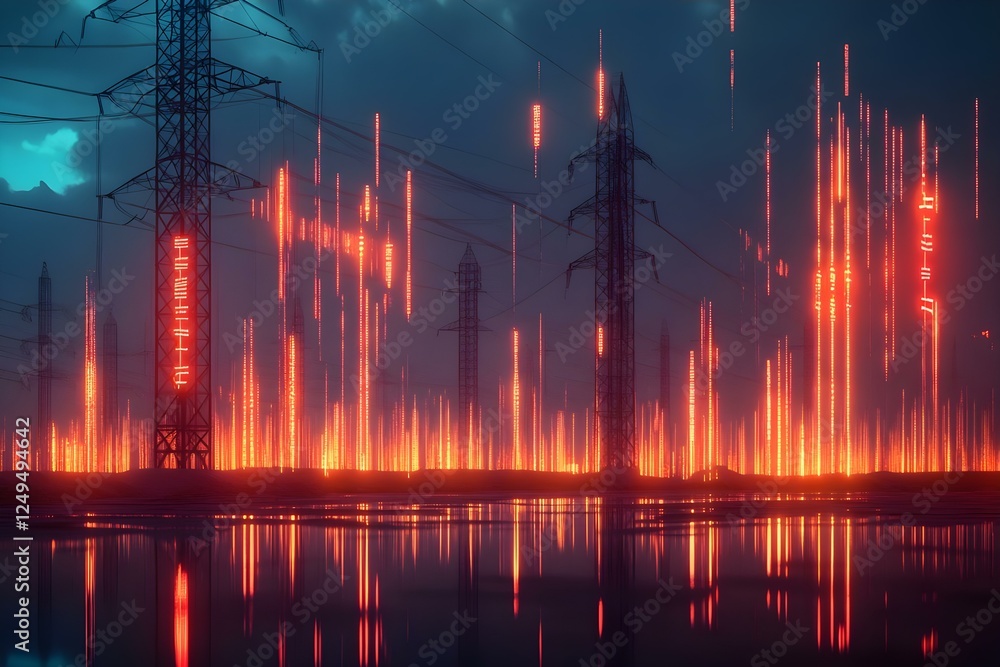 Poster a surreal landscape featuring towering power lines with glowing, vertical elements and a reflective 