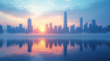 Fototapeta premium The skyline glows with sunrise colors as fog embraces the modern city reflected on the water.