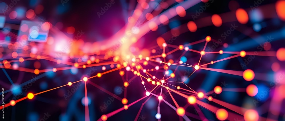 Poster abstract technology design: nodes and interconnected structures with vibrant red and blue palette (2