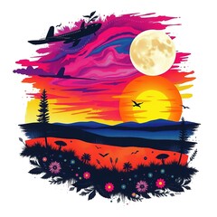 Celestial Canvas: Bohemian Sunset and Moon on Fabric Tapestry