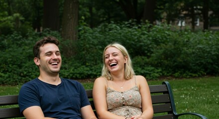 Naklejka premium Joyful moments captured in a park setting, with friends laughing on a bench surrounded by greenery
