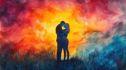 Fototapeta premium Colorful Abstract Painting of Couple Embracing at Sunset