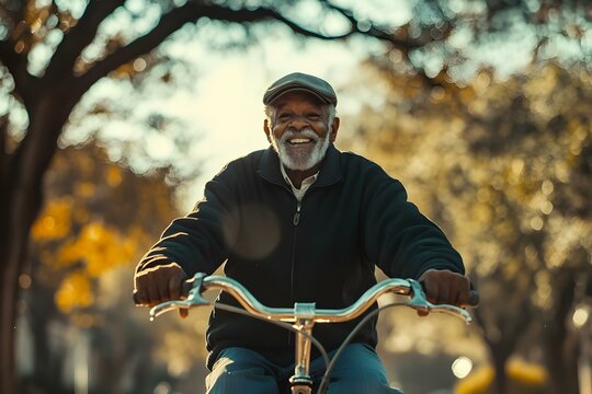 An elderly man with a beard rides a bicycle, smiling joyfully in a sunlit park surrounded by trees. Concept Elderly Man on Bicycle, Joyful Smiles, Sunlit Park, Nature and Trees, Vibrant Outdoor Scene