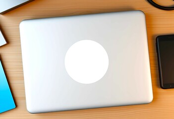A blank white circular sticker mockup is attached on a laptop cover which is placed on an office desk