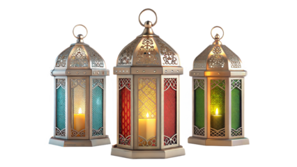 Vibrant and colorful Ramadan fanous lamps, showcasing intricate designs and rich hues, arranged on a transparent white background, perfect for Ramadan-themed decor and celebration.