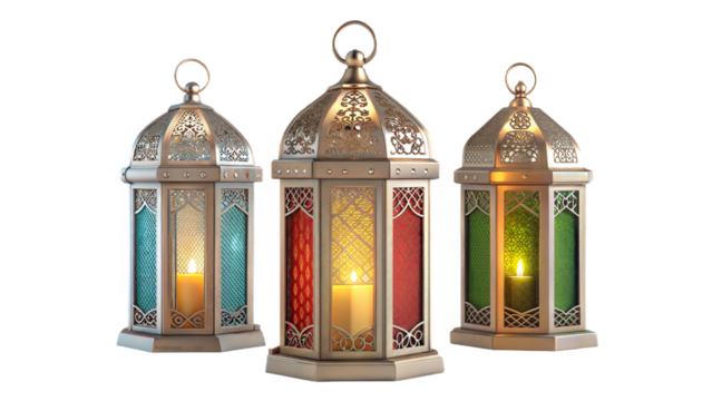 Vibrant and colorful Ramadan fanous lamps, showcasing intricate designs and rich hues, arranged on a transparent white background, perfect for Ramadan-themed decor and celebration. - Powered by Adobe