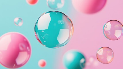 Iridescent soap bubbles suspended against soft pastel pink blue gradient, evoking playful, ethereal visual composition background