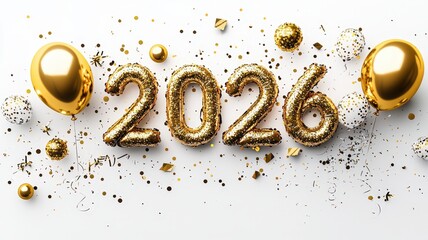 Shiny golden balloons, sparkling gliter confetti marking vibrant 2026 new year celebration against pristine white background