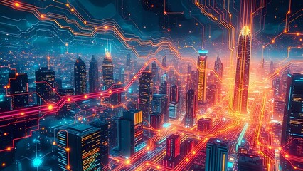 Obraz premium Futuristic Cityscape with Neon Lights and Interconnected Structures