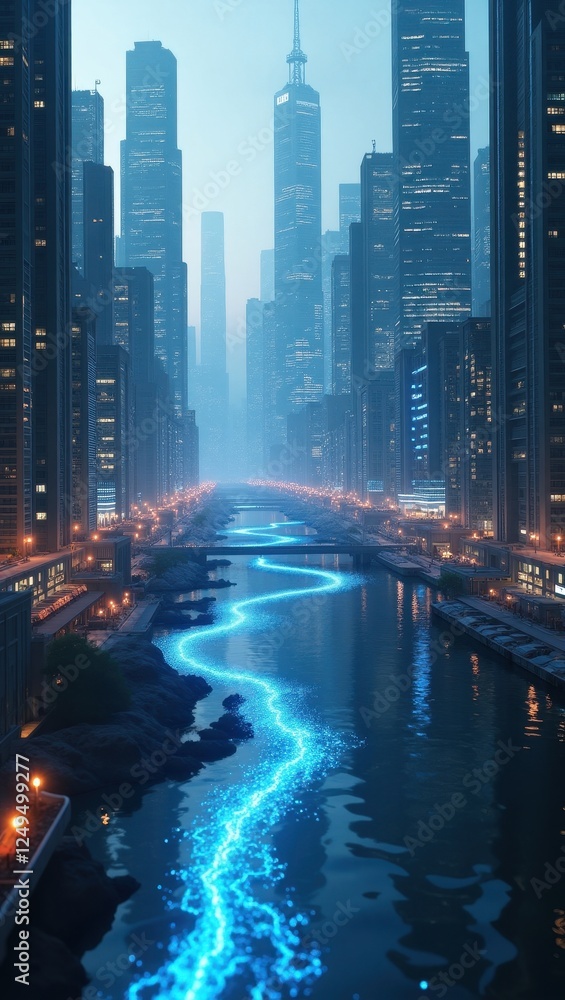 Poster innovative concepts on quantum blockchain integration in a futuristic cityscape at dusk