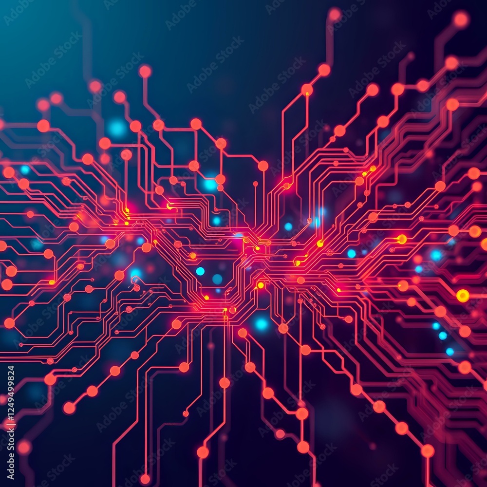 Poster abstract neural network circuit design: vibrant blue background with complex interconnected red line
